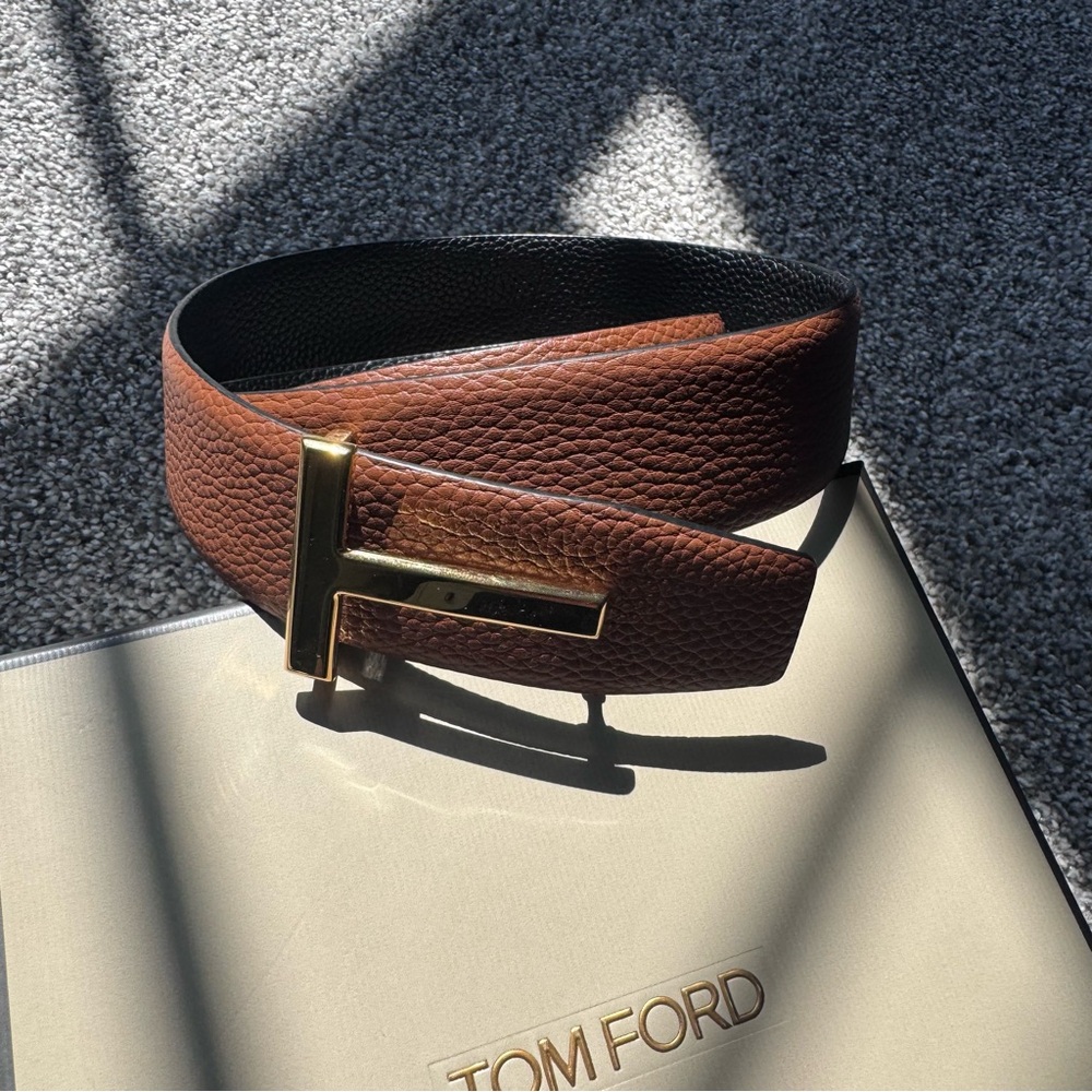 Tom Ford reversible T icon leather Brown/back Pebbled Belt with Gold - size 95 - Picture 2 of 5